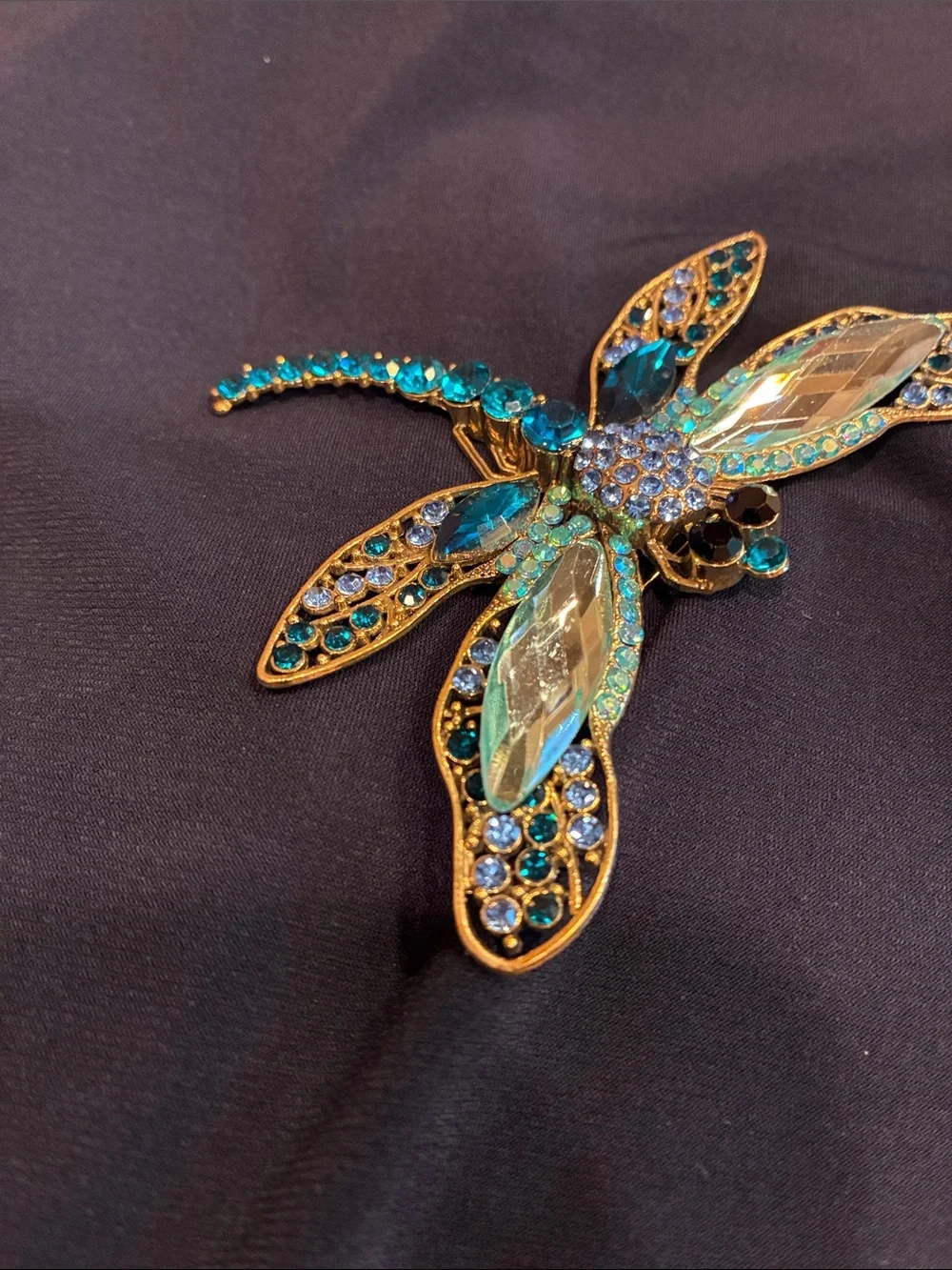 Large Blue Dragonfly Brooch - Rhinestone and Crystal and Gold Tones (ABBA) - Picture 6 of 16
